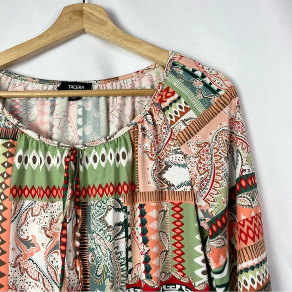 Tacera Green & Orange Mixed Print Long Sleeve Blouse S - Picture 3 of 4